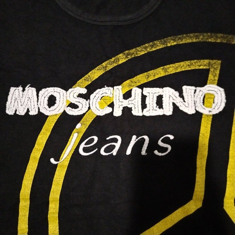 Vintage Moschino Jeans T Shirt Womens L Black Peace Embroidered Logo Graphic Top - Picture 3 of 14